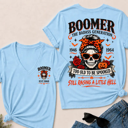 Personalized Boomer Too Old To Be Spooked Halloween V-Neck T-Shirt