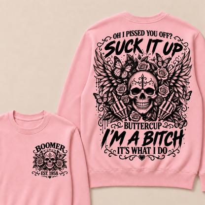 Custom Year Boomer Suck It Up Buttercup Skull Graphic Sweatshirt