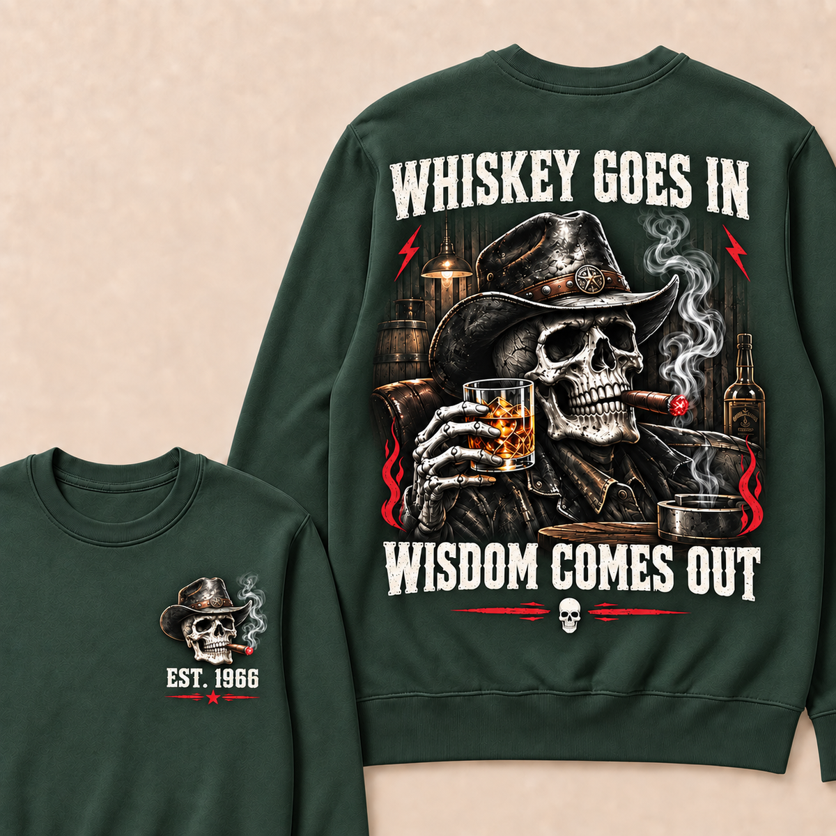 "Whiskey Goes In, Wisdom Comes Out" – Cowboy Skull Graphic Sweatshirt