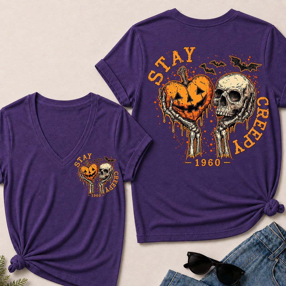 Stay Creepy – Custom Birth Year Vintage Halloween Skull & Pumpkin Women’s V-Neck T-Shirt