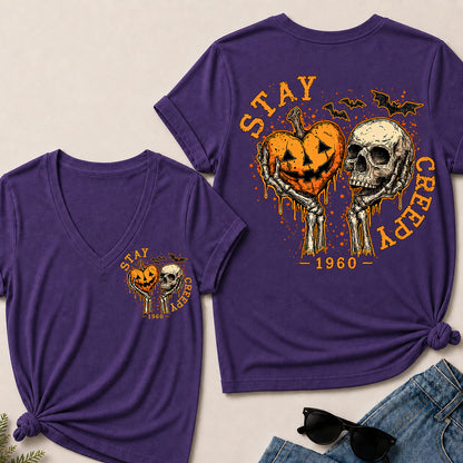 Stay Creepy – Custom Birth Year Vintage Halloween Skull & Pumpkin Women’s V-Neck T-Shirt