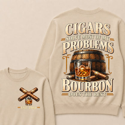 Cigars Solve Most of My Problems Bourbon Does the Rest – Custom EST.Year Vintage Bourbon & Cigar Graphic Sweatshirt