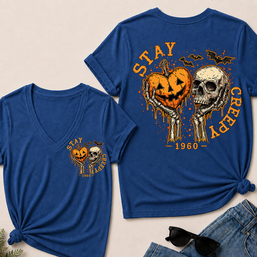 Stay Creepy – Custom Birth Year Vintage Halloween Skull & Pumpkin Women’s V-Neck T-Shirt