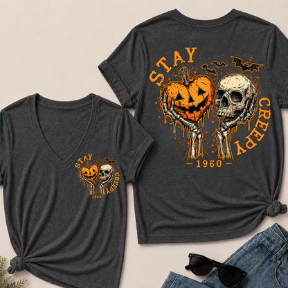 Stay Creepy – Custom Birth Year Vintage Halloween Skull & Pumpkin Women’s V-Neck T-Shirt