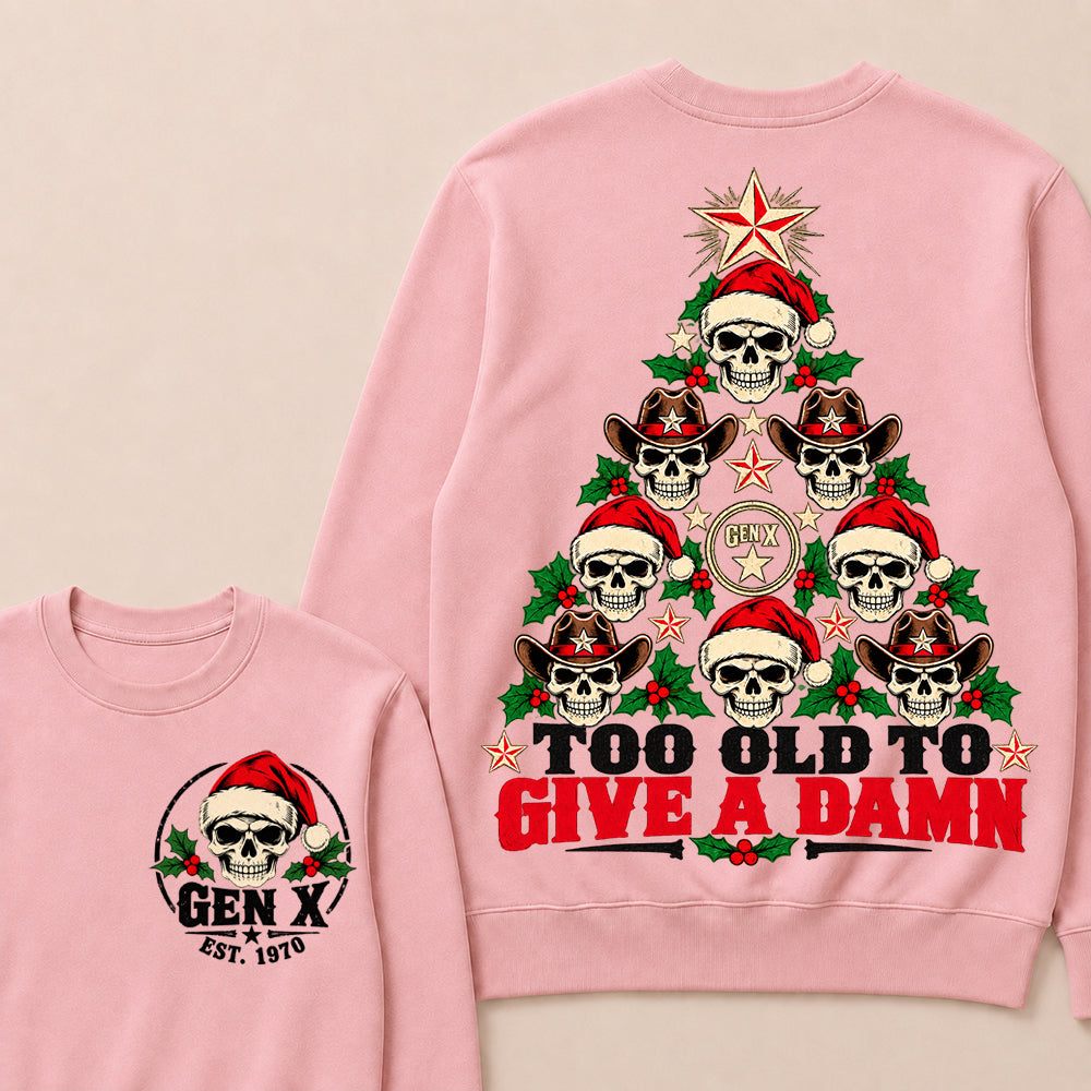 Too Old to Give a Damn – Gen X Custom EST. Year Skull Christmas Tree Sweatshirt