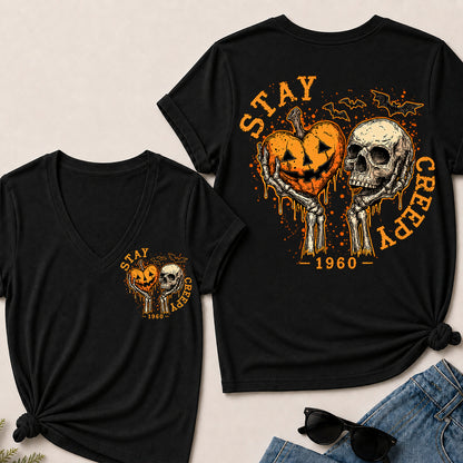 Stay Creepy – Custom Birth Year Vintage Halloween Skull & Pumpkin Women’s V-Neck T-Shirt