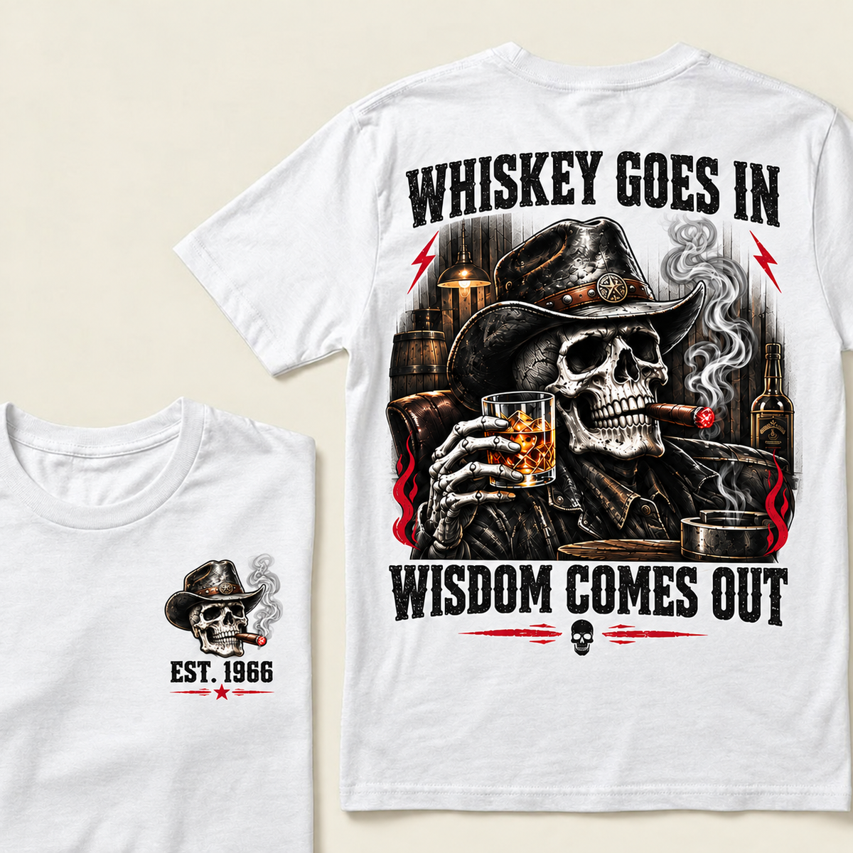 "Whiskey Goes In, Wisdom Comes Out" – EST.1966 Cowboy Skull Graphic Tee, Retro Western Whiskey & Cigar Shirt for Men