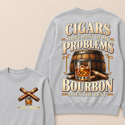 Cigars Solve Most of My Problems Bourbon Does the Rest – Custom EST.Year Vintage Bourbon & Cigar Graphic Sweatshirt
