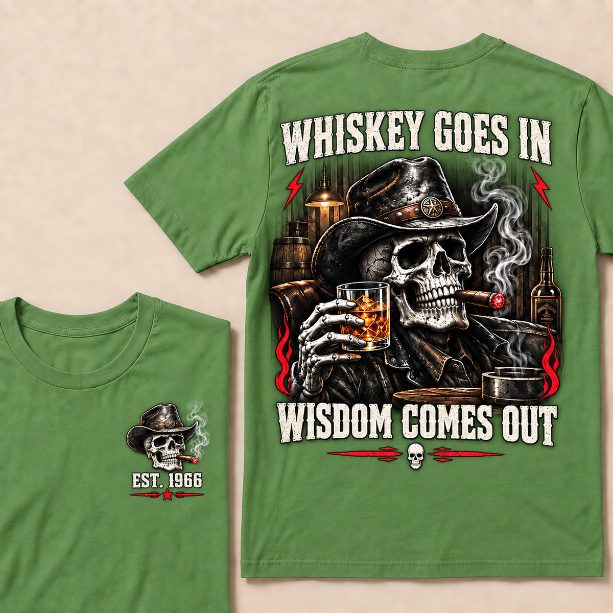 "Whiskey Goes In, Wisdom Comes Out" – EST.1966 Cowboy Skull Graphic Tee, Retro Western Whiskey & Cigar Shirt for Men