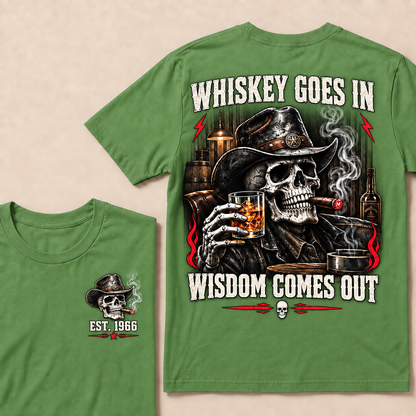 "Whiskey Goes In, Wisdom Comes Out" – EST.1966 Cowboy Skull Graphic Tee, Retro Western Whiskey & Cigar Shirt for Men