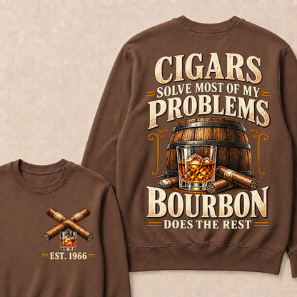 Cigars Solve Most of My Problems Bourbon Does the Rest – Custom EST.Year Vintage Bourbon & Cigar Graphic Sweatshirt