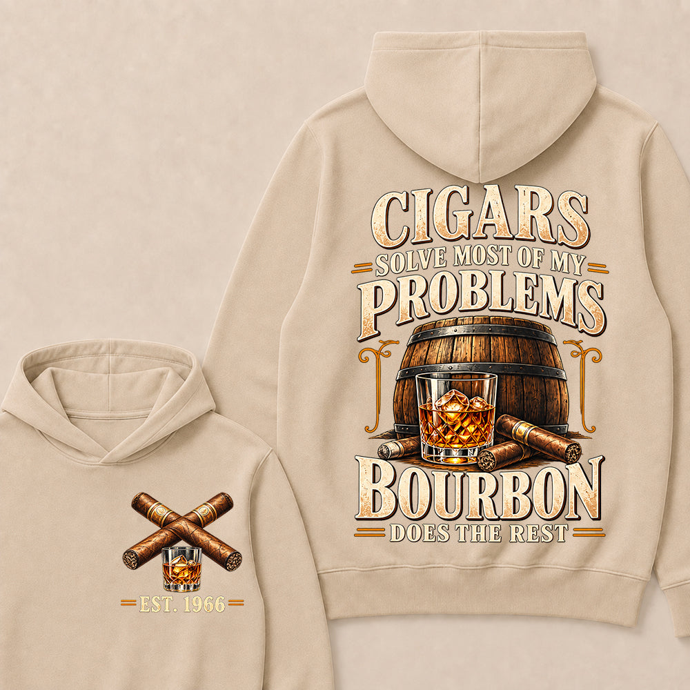 Cigars Solve Most of My Problems Bourbon Does the Rest – Custom EST.Year Vintage Bourbon & Cigar Graphic Hoodie