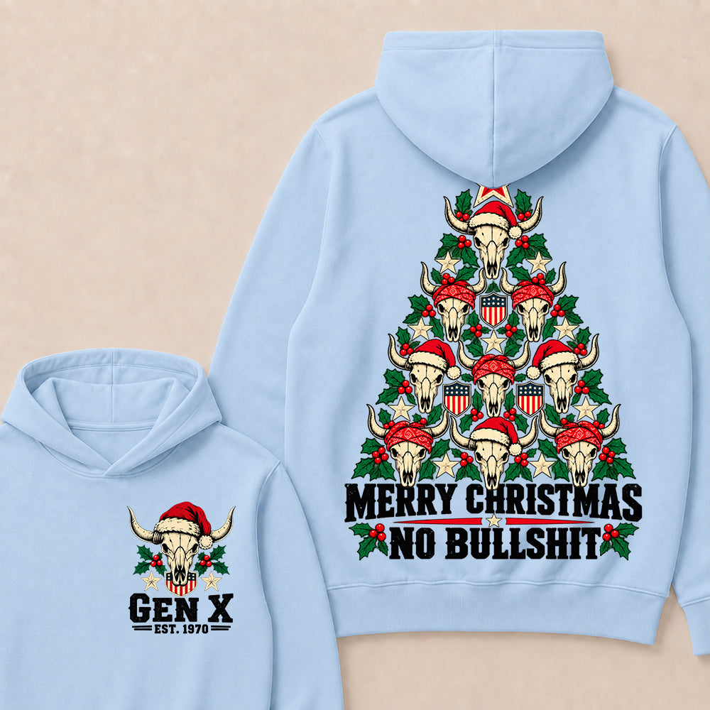 Merry Christmas No Bullshit – Gen X Custom EST. Year Western Bull Skull Christmas Tree Hoodie