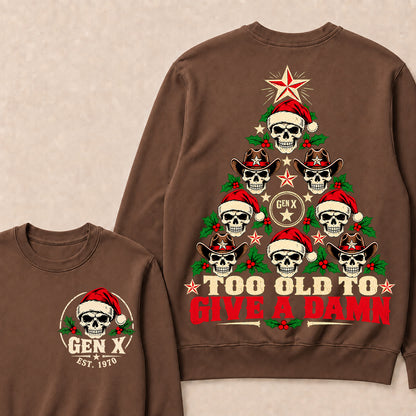 Too Old to Give a Damn – Gen X Custom EST. Year Skull Christmas Tree Sweatshirt
