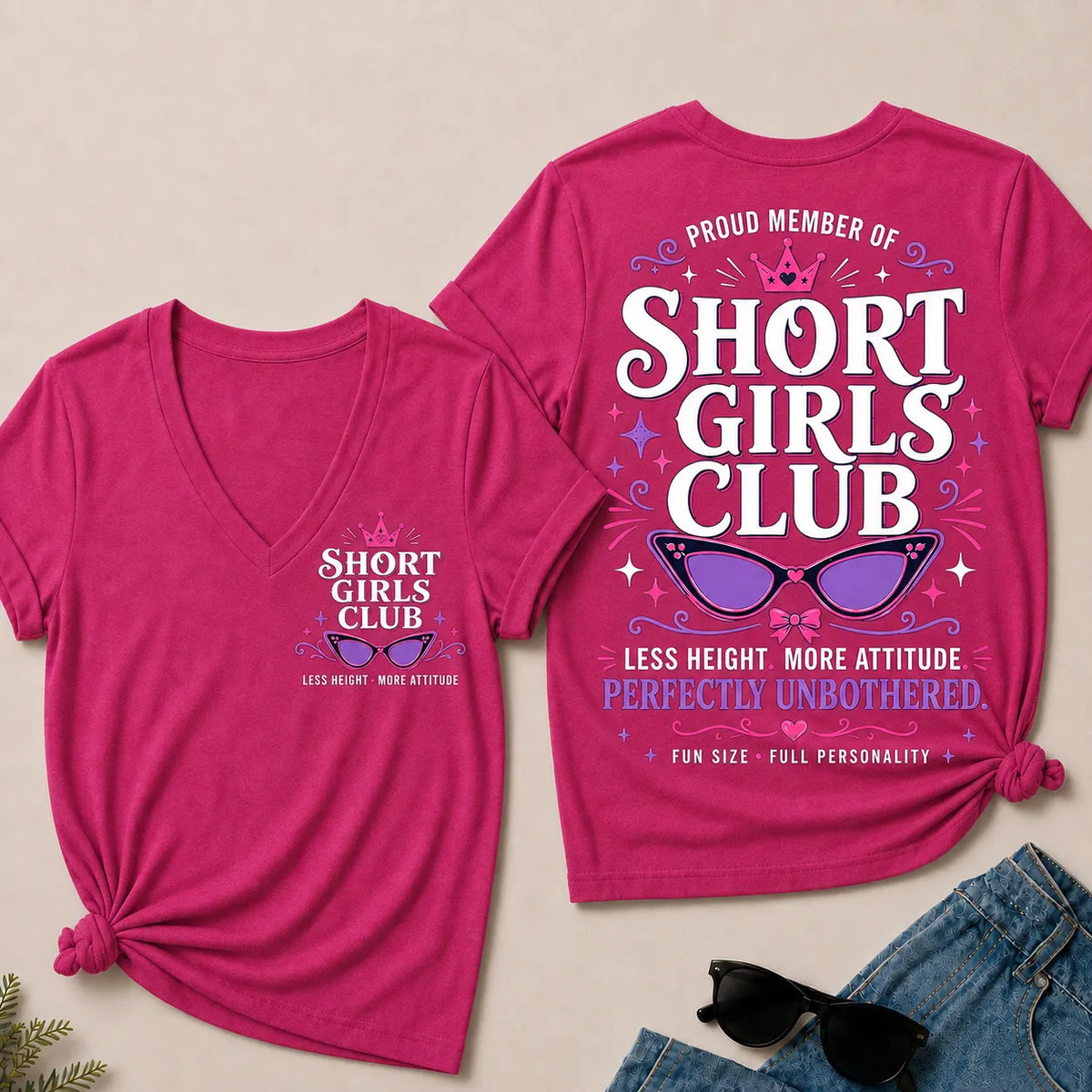 "Short Girls Club – Less Height, More Attitude" V-Neck Tee | Fun Size, Full Personality
