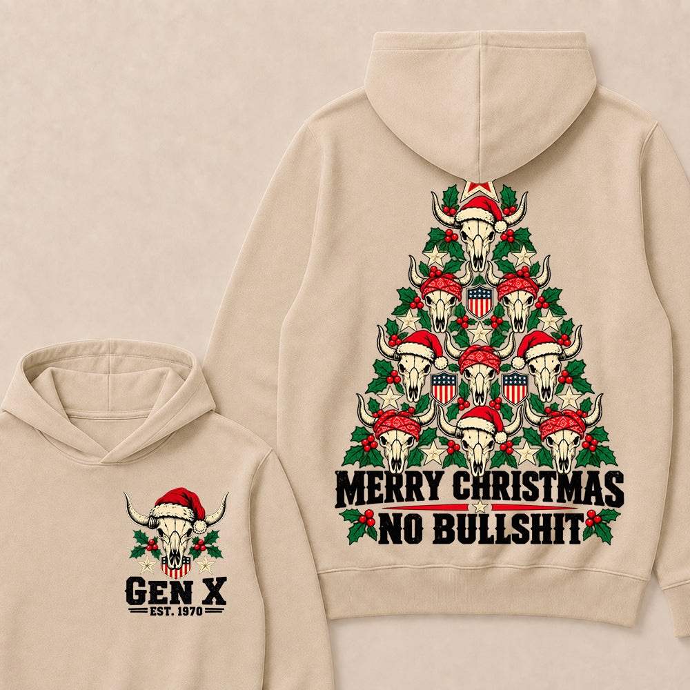 Merry Christmas No Bullshit – Gen X Custom EST. Year Western Bull Skull Christmas Tree Hoodie