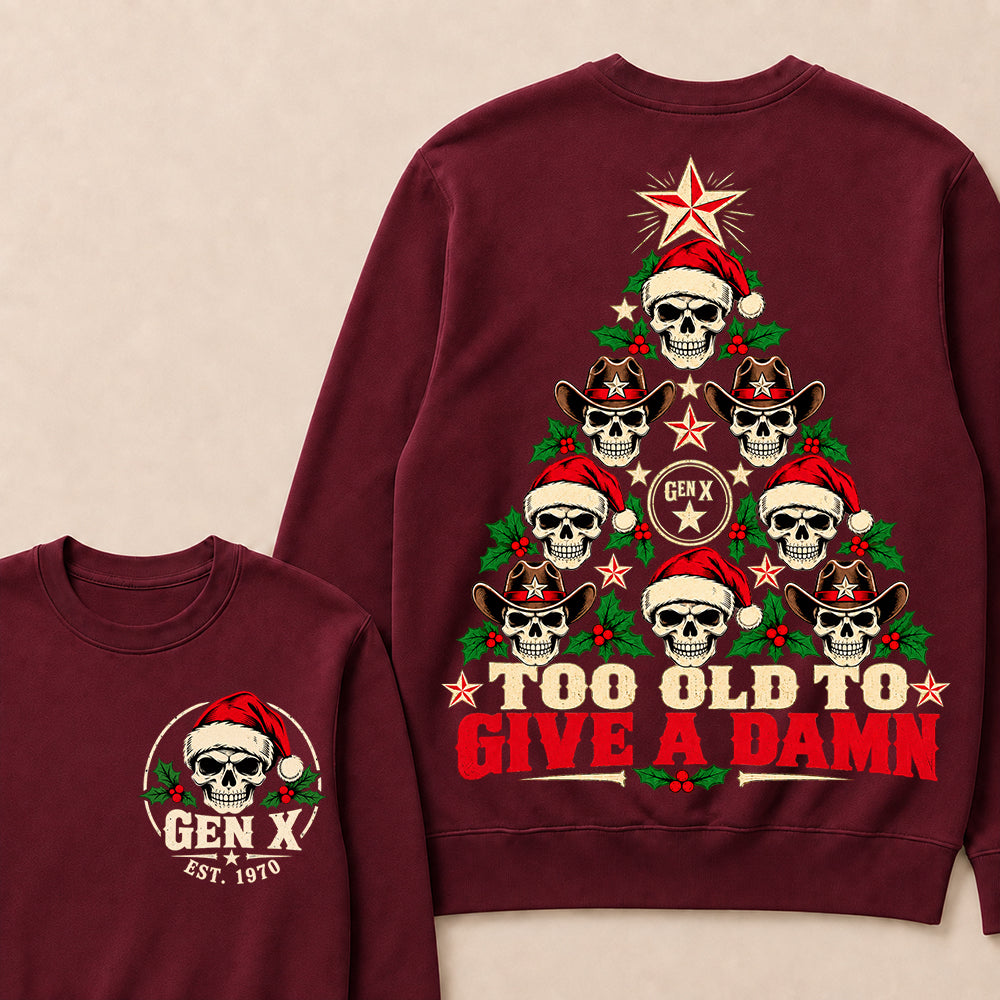 Too Old to Give a Damn – Gen X Custom EST. Year Skull Christmas Tree Sweatshirt
