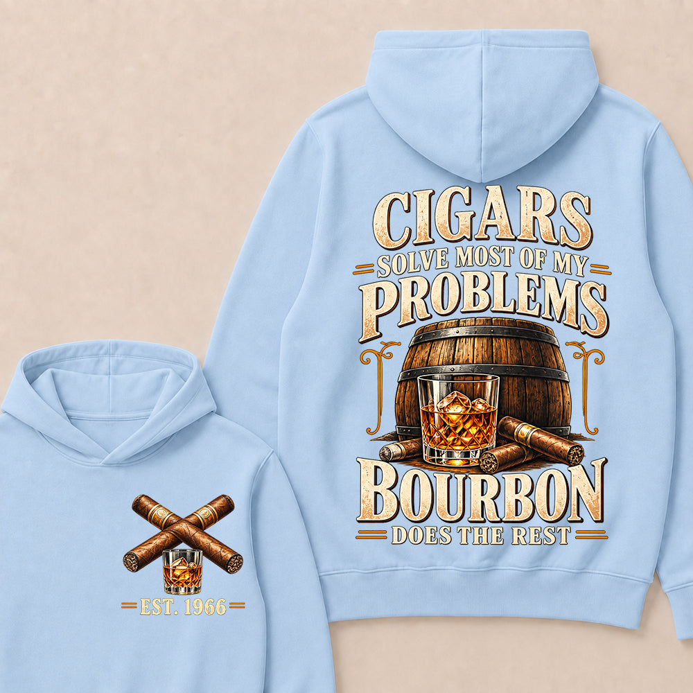 Cigars Solve Most of My Problems Bourbon Does the Rest – Custom EST.Year Vintage Bourbon & Cigar Graphic Hoodie