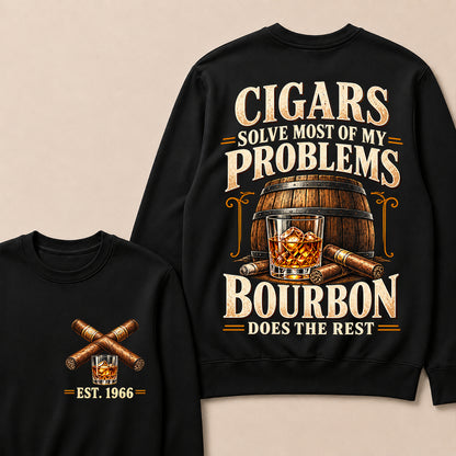 Cigars Solve Most of My Problems Bourbon Does the Rest – Custom EST.Year Vintage Bourbon & Cigar Graphic Sweatshirt