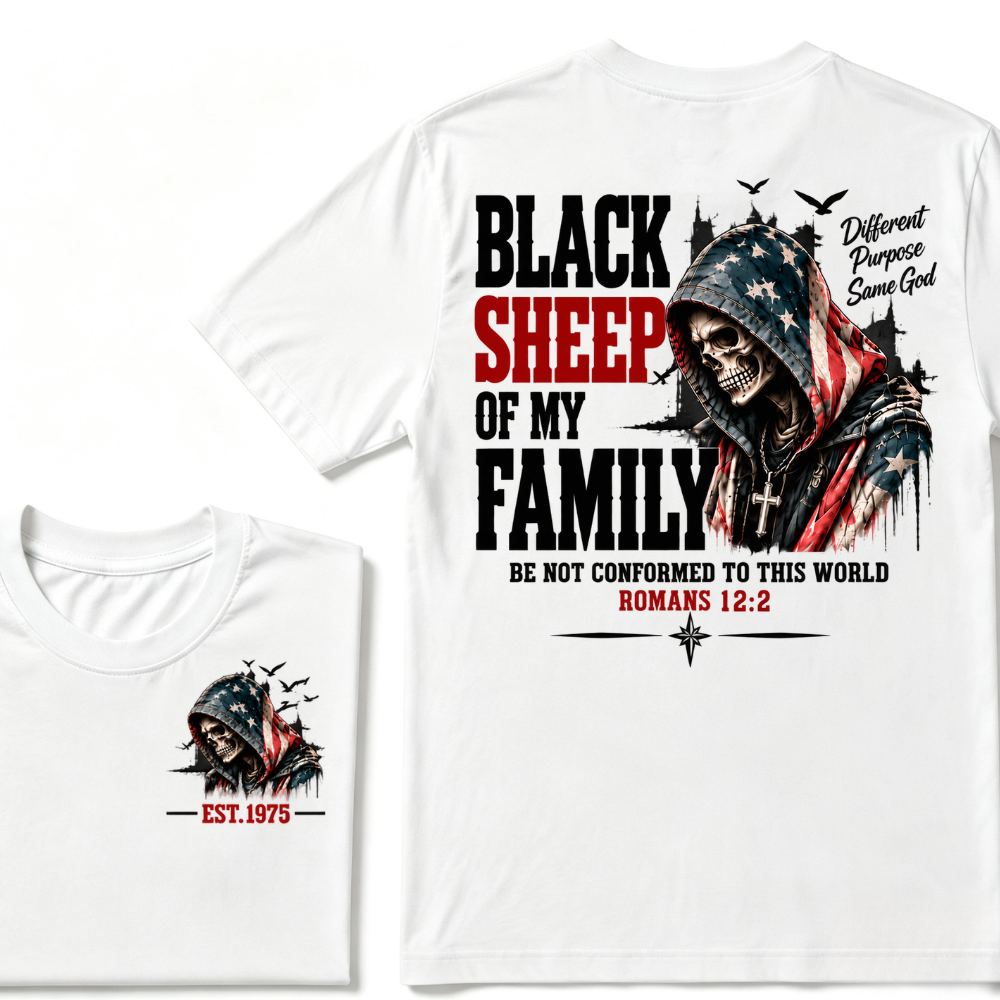 Black Sheep Of My Family Romans 12:2 EST.Year American Flag Skull Print T‑Shirt Christian Faith Vintage Graphic Tee