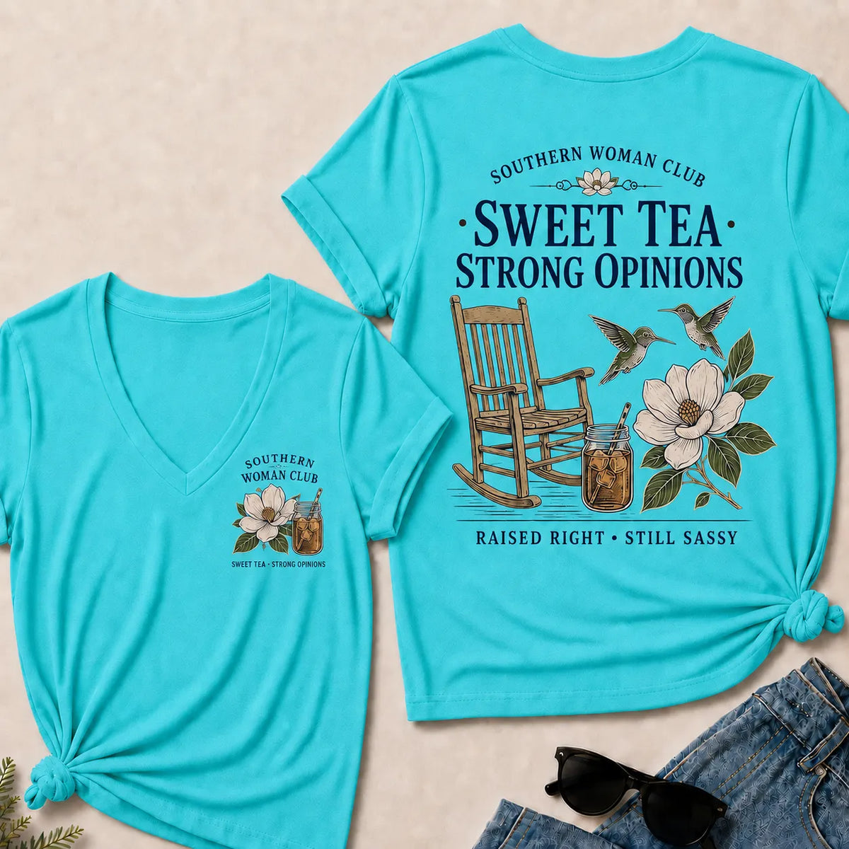 Southern Woman Club Sweet Tea Strong Opinions V-Neck T-shirts– Vintage Magnolia Graphic  V-Neck T-shirts For Southern Women