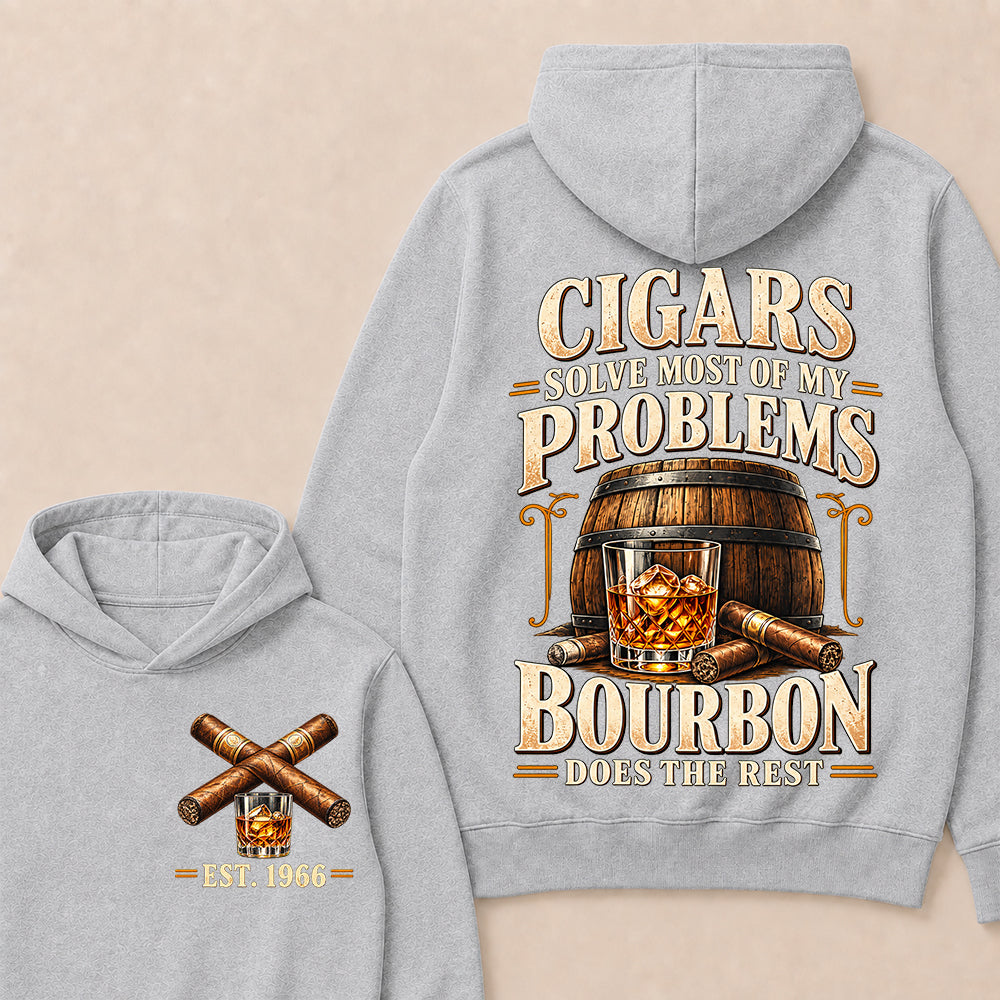 Cigars Solve Most of My Problems Bourbon Does the Rest – Custom EST.Year Vintage Bourbon & Cigar Graphic Hoodie