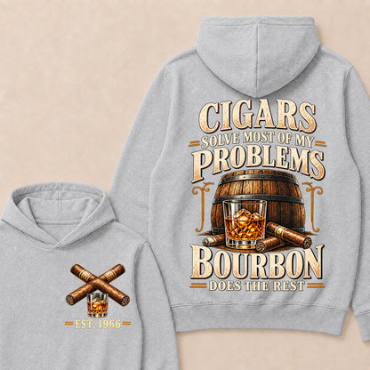 Cigars Solve Most of My Problems Bourbon Does the Rest – Custom EST.Year Vintage Bourbon & Cigar Graphic Hoodie