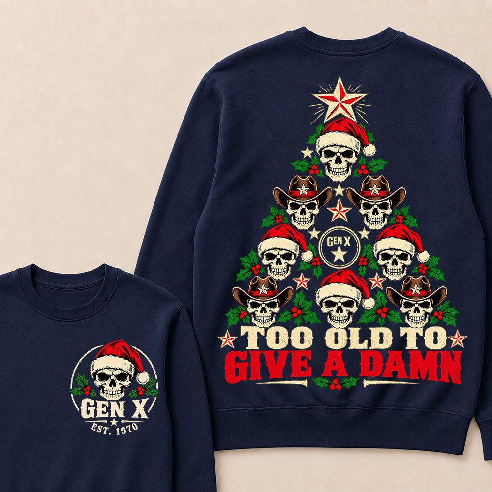 Too Old to Give a Damn – Gen X Custom EST. Year Skull Christmas Tree Sweatshirt