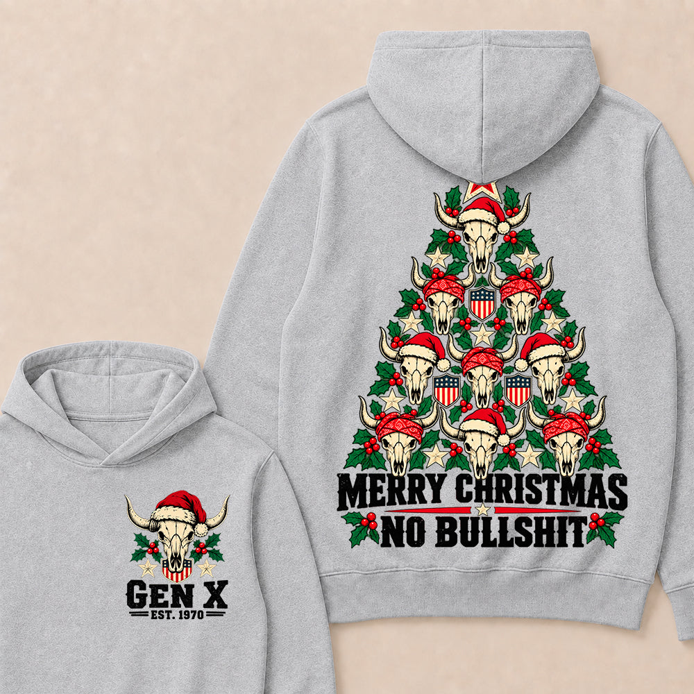 Merry Christmas No Bullshit – Gen X Custom EST. Year Western Bull Skull Christmas Tree Hoodie