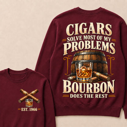 Cigars Solve Most of My Problems Bourbon Does the Rest – Custom EST.Year Vintage Bourbon & Cigar Graphic Sweatshirt