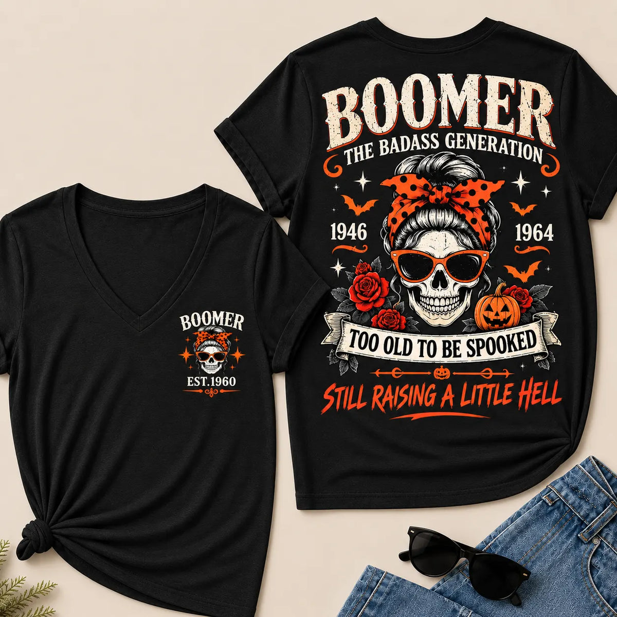 Personalized Boomer Too Old To Be Spooked Halloween V-Neck T-Shirt