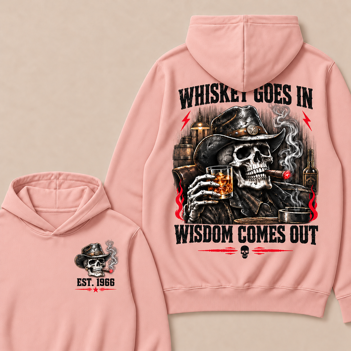 "Whiskey Goes In, Wisdom Comes Out"–Custom EST.Year Cowboy Skull & Cigar Hoodie