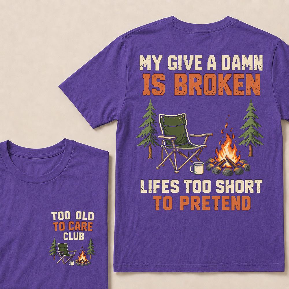 Retro Pixel Campfire & Chair T-Shirt | "My Give A Damn Is Broken" Funny Camping Tee
