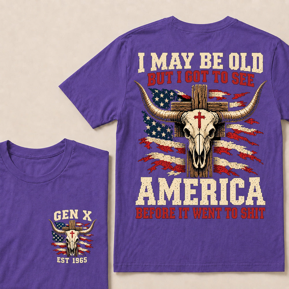 Retro Western Cow Skull & Cross Tee | Distressed American Flag Patriotic Graphic T-Shirt