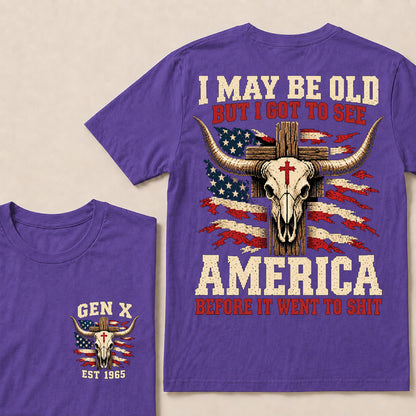Retro Western Cow Skull & Cross Tee | Distressed American Flag Patriotic Graphic T-Shirt