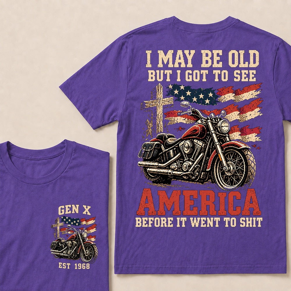 Vintage American Motorcycle & Cross T-Shirt | Patriotic Biker "I May Be Old" Graphic Tee