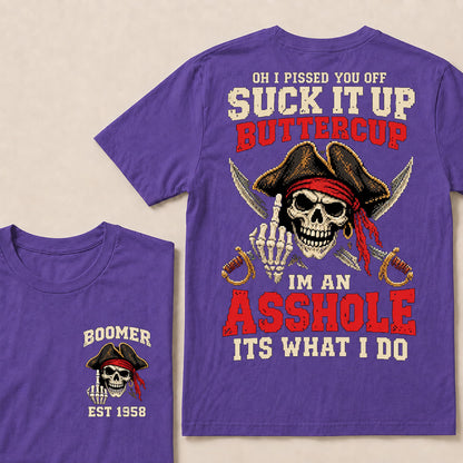 Retro Pixel Pirate Skull T-Shirt | Crossed Cutlasses & Red Bandana "Suck It Up" Graphic Tee