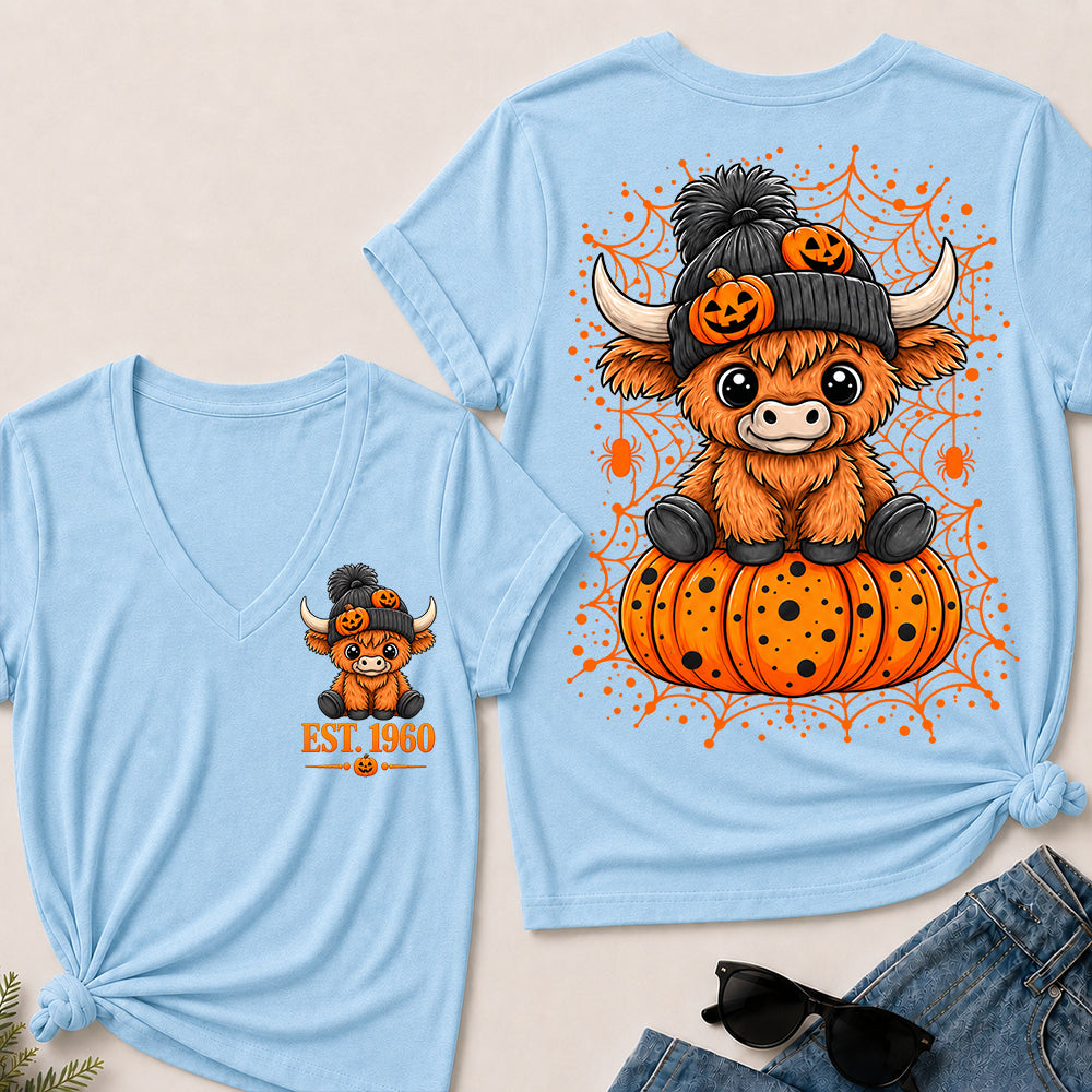 Custom EST.Year Cute Halloween Highland Cow & Pumpkin Women’s V-Neck T-Shirt
