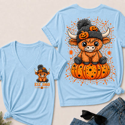 Custom EST.Year Cute Halloween Highland Cow & Pumpkin Women’s V-Neck T-Shirt