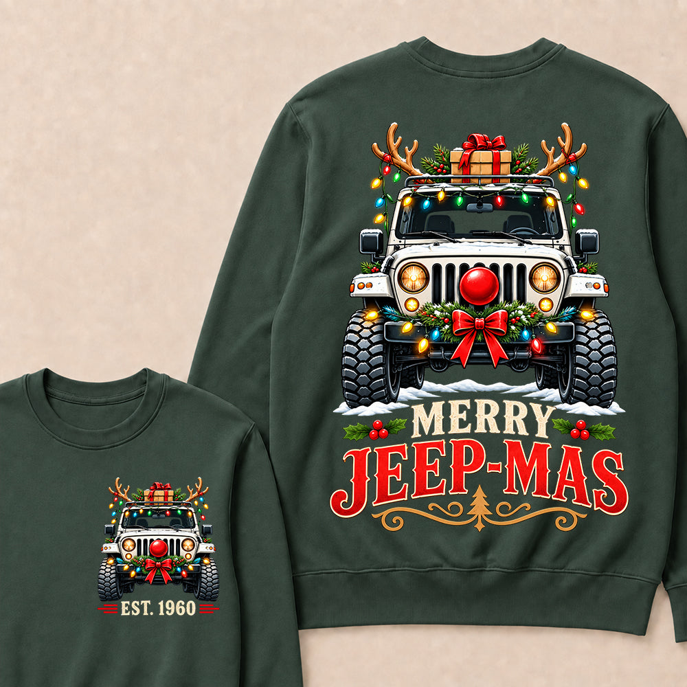 Merry Jeep-Mas – Custom EST.Year Christmas Off-Road Vehicle & Reindeer Antlers Sweatshirt