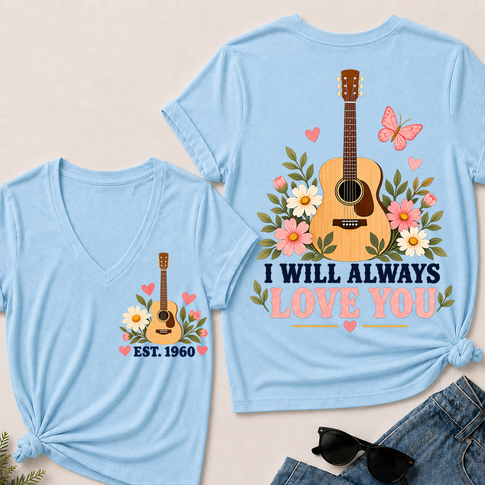 I Will Always Love You – Custom EST.Year Floral Acoustic Guitar Women’s V-Neck T-Shirt