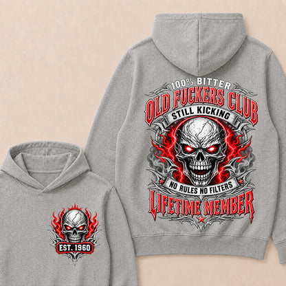 100% Bitter Old Fuckers Club Lifetime Member – Custom EST.Year Red-Eyed Skull Graphic Hoodie