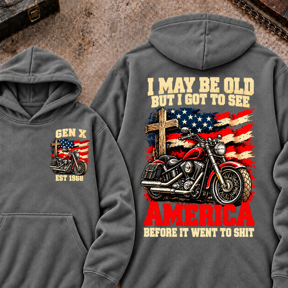 I May Be Old But I Got To See America Before It Went To Shit EST.Year Vintage Motorcycle Cross American Flag Graphic Pullover Hoodie