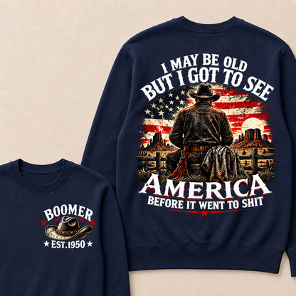 Boomer Custom Year Crewneck, Vintage Western Cowboy Graphic Tee, "I May Be Old But I Got To See America" Back Print