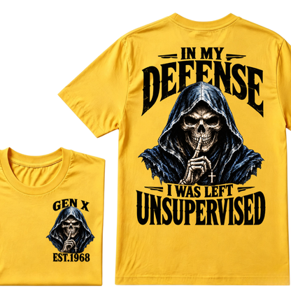 Gen X EST.Year Grim Reaper Skull In My Defense I Was Left Unsupervised Vintage Graphic T-Shirt