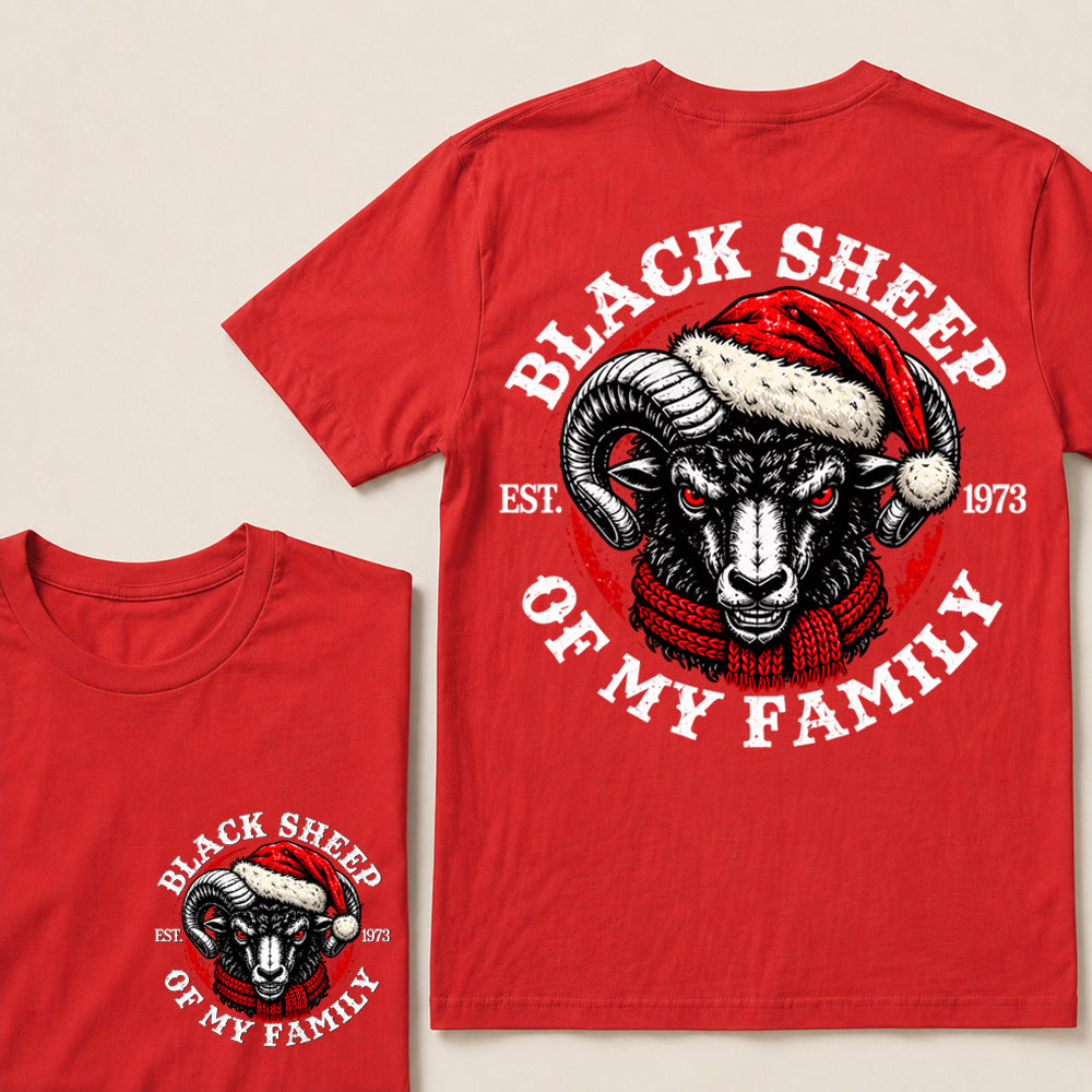 Black Sheep of My Family – Custom EST. Year Christmas Ram & Red Scarf Graphic T-Shirt