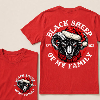 Black Sheep of My Family – Custom EST. Year Christmas Ram & Red Scarf Graphic T-Shirt