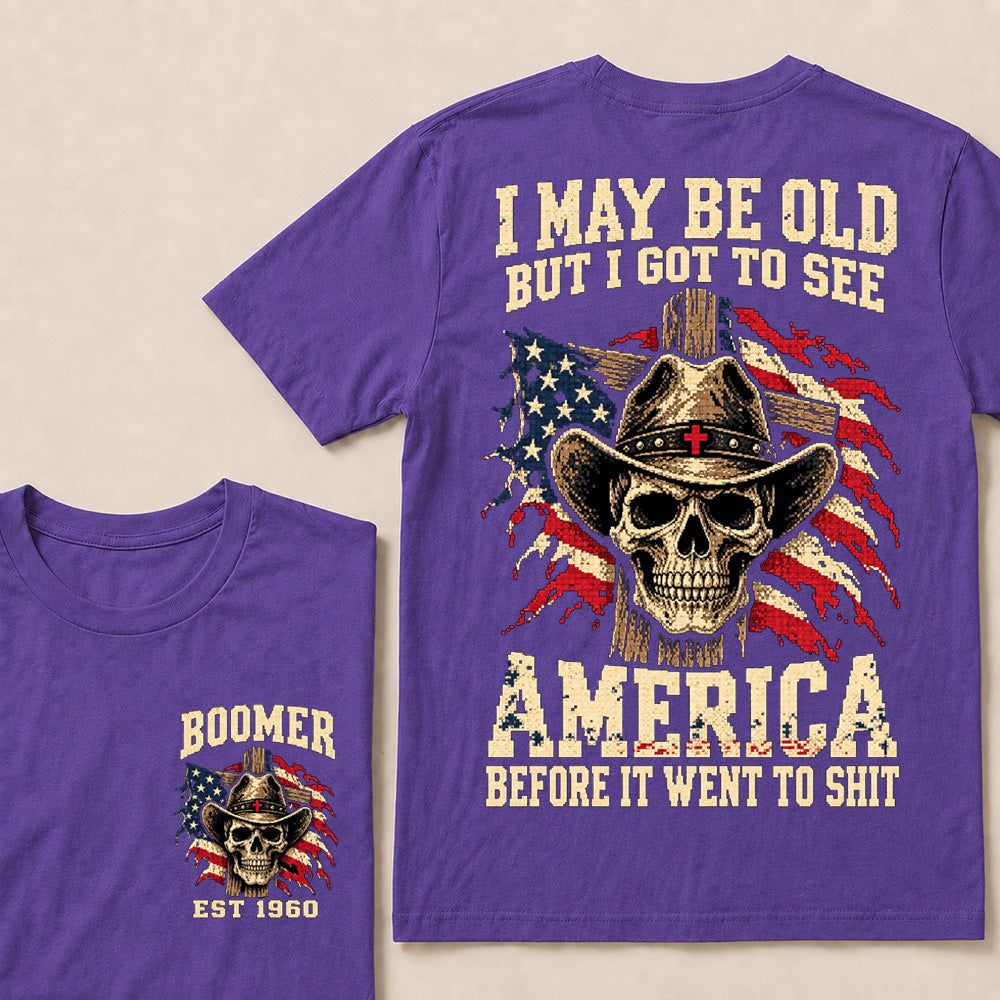 Vintage Western Cowboy Skull T-Shirt | Cross Hat & American Flag "I May Be Old" Graphic Tee