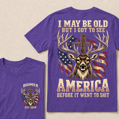 Retro Pixel Buck Deer & Cross T-Shirt | Patriotic Hunting "I May Be Old" Graphic Tee