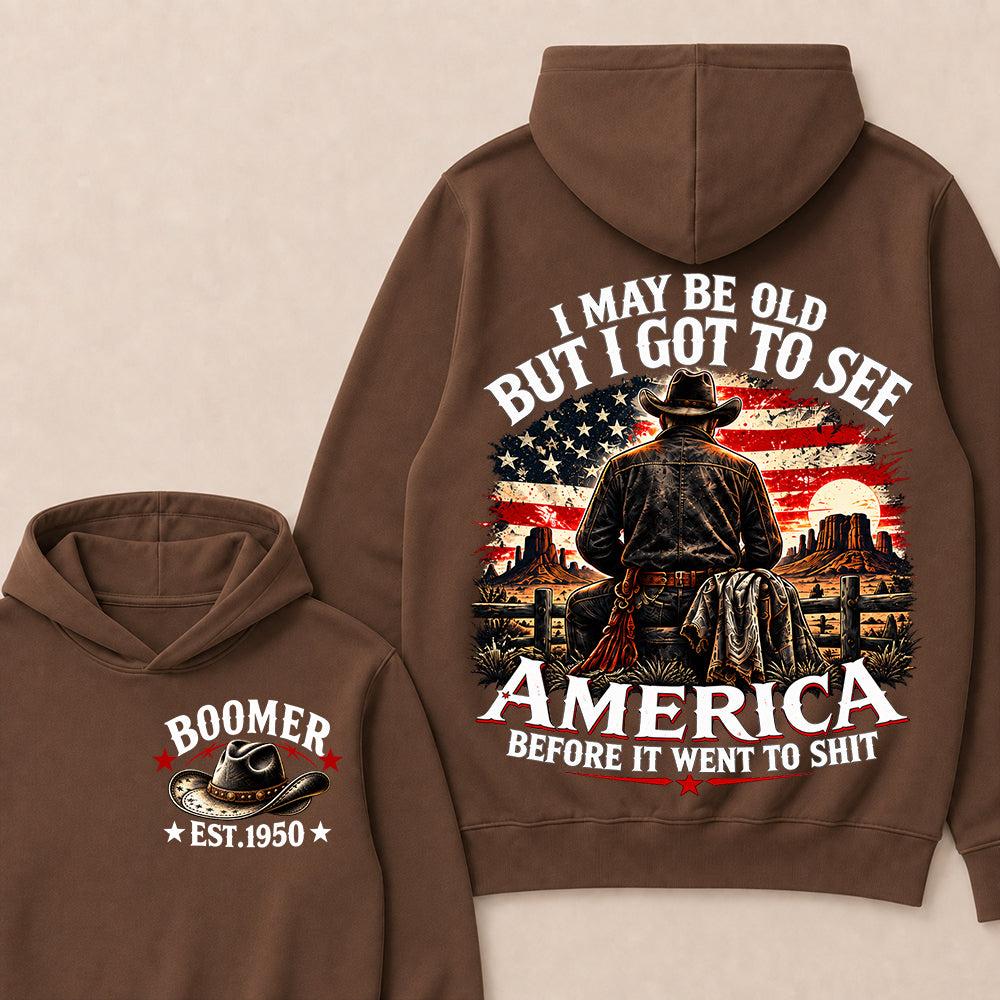 Boomer Custom Year Hoodie, Vintage Western Cowboy Graphic Tee, "I May Be Old But I Got To See America" Back Print